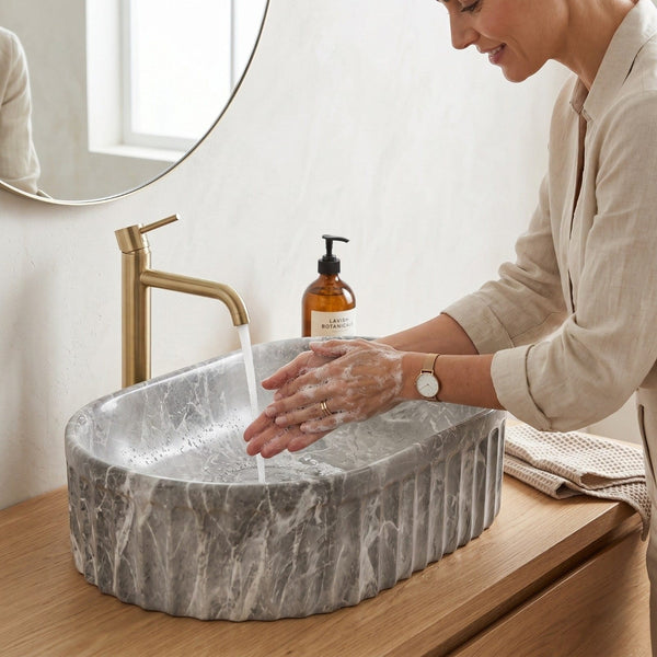 Bassino Grey Marble Textured Countertop Wash Basin – Luxury Oval Vessel Sink (22" x 14" x 6")