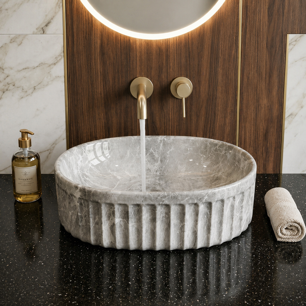 Bassino Grey Marble Textured Countertop Wash Basin – Luxury Oval Vessel Sink (22" x 14" x 6")