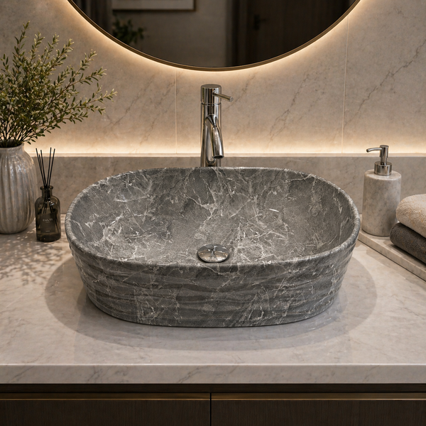 Bassino Grey Marble Textured Countertop Wash Basin – Luxury Oval Vessel Sink (500 x 300 x 150 mm)