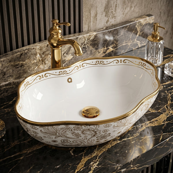 Bassino Luxury Floral Designer Countertop Wash Basin – Premium White & Gold Ceramic Vessel Sink (19.7" x 15" x 5.1")