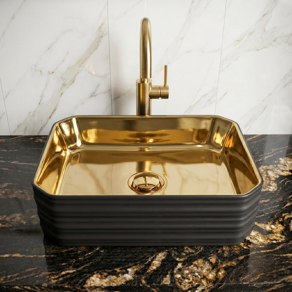 Bassino Luxury Gold Finish Countertop Wash Basin – Premium Black & Gold Ceramic Vessel Sink (18.1" x 13.4" x 4.7")