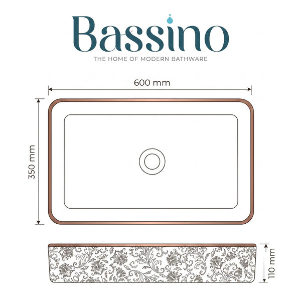 Bassino Luxury Rectangular Countertop Wash Basin – Black Marble Finish Ceramic Vessel Sink (23.6" x 13.8" x 4.3")
