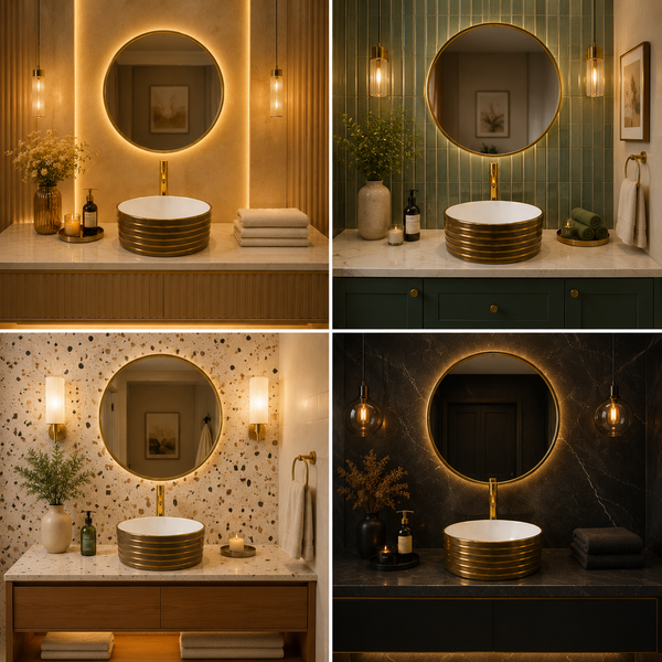 Bassino Luxury Round Countertop Wash Basin – Gold Ribbed Designer Vessel Sink (400 x 400 x 150 mm)