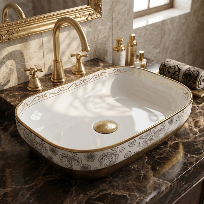 Bassino Luxury White & Gold Ceramic Designer Countertop Wash Basin