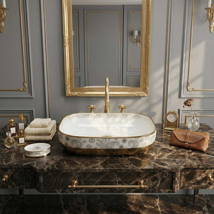 Bassino Luxury White & Gold Ceramic Designer Countertop Wash Basin