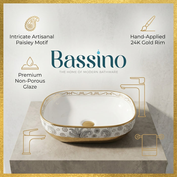 Bassino Luxury White & Gold Ceramic Designer Countertop Wash Basin