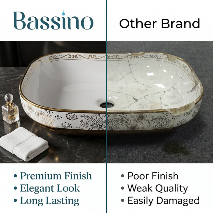 Bassino Luxury White & Gold Ceramic Designer Countertop Wash Basin