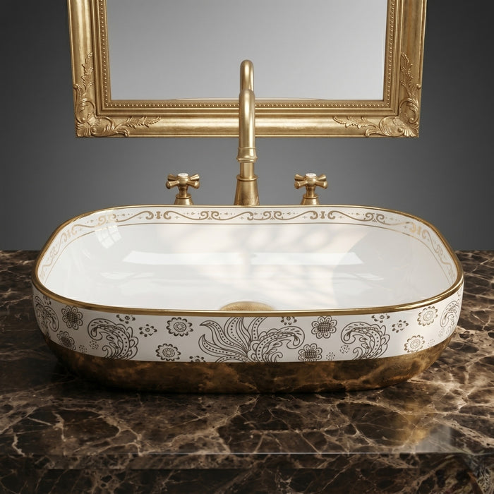 Bassino Luxury White & Gold Ceramic Designer Countertop Wash Basin