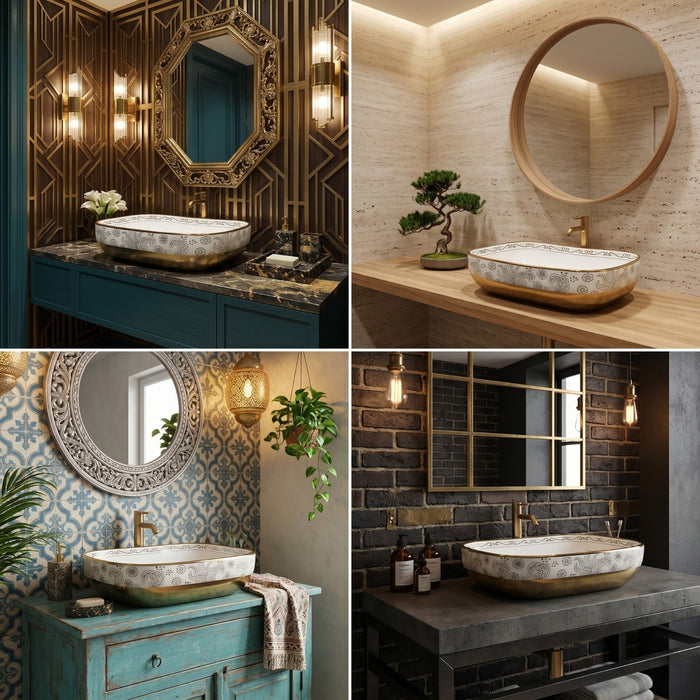 Bassino Luxury White & Gold Ceramic Designer Countertop Wash Basin