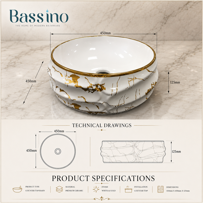 Bassino Luxury White & Gold Marble Countertop Wash Basin 