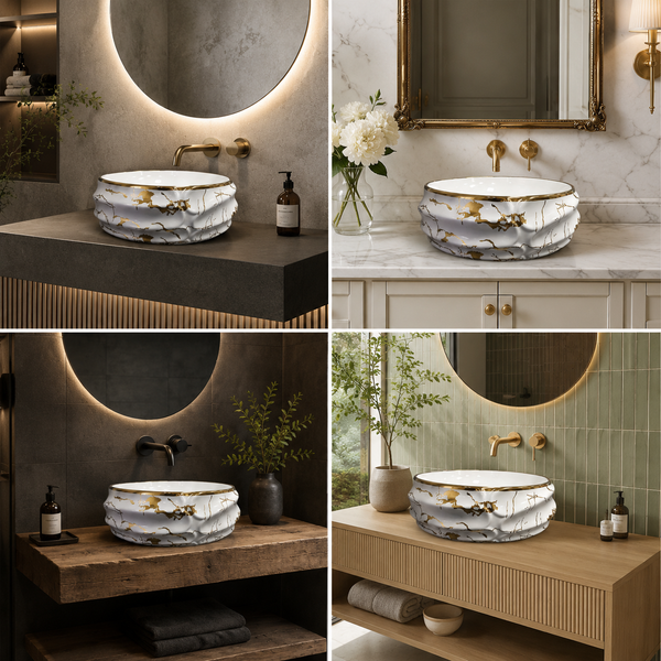 Bassino Luxury White & Gold Marble Countertop Wash Basin – Round Designer Vessel Sink (450 x 450 x 125 mm)
