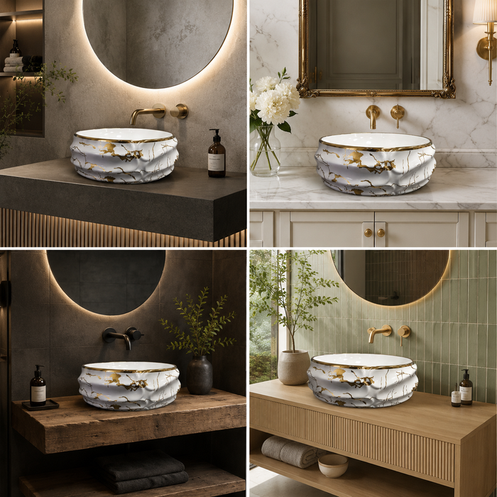 Bassino Luxury White & Gold Marble Countertop Wash Basin 