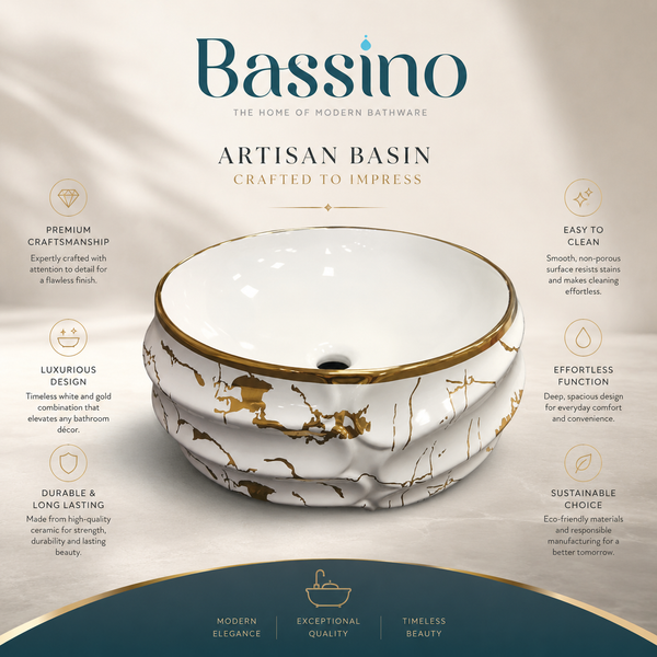 Bassino Luxury White & Gold Marble Countertop Wash Basin – Round Designer Vessel Sink (450 x 450 x 125 mm)