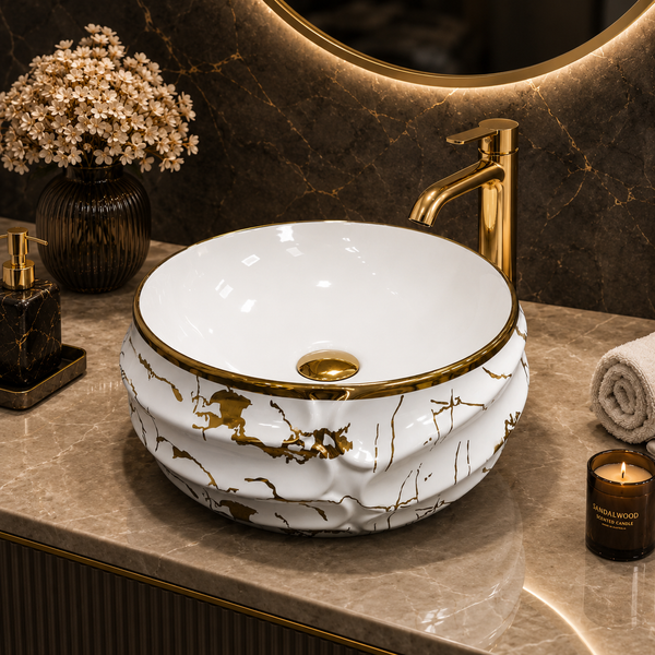 Bassino Luxury White & Gold Marble Countertop Wash Basin – Round Designer Vessel Sink (450 x 450 x 125 mm)