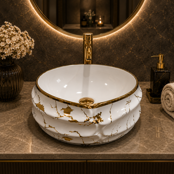 Bassino Luxury White & Gold Marble Countertop Wash Basin 