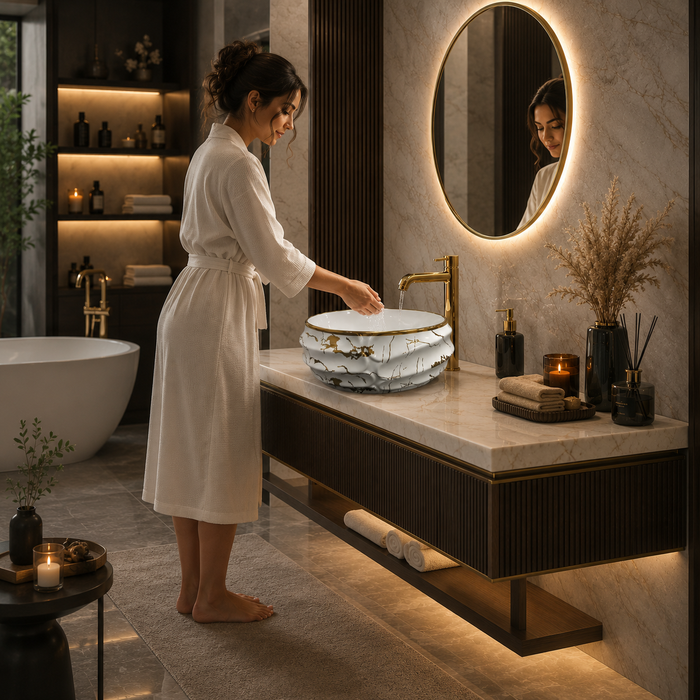 Bassino Luxury White & Gold Marble Countertop Wash Basin 