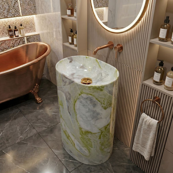 Bassino Marble Effect Pedestal Basin – Luxury Freestanding Stone Wash Basin (22.4" x 14.6" x 34.3")