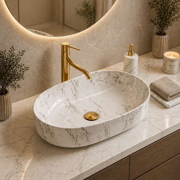 Bassino Marble Finish Ceramic Countertop Wash Basin – Luxury Oval Vessel Sink (22" x 14" x 6")