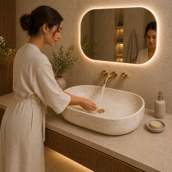 Bassino Marble Finish Ceramic Oval Countertop Wash Basin – Luxury Vessel Sink (22" x 14" x 6")