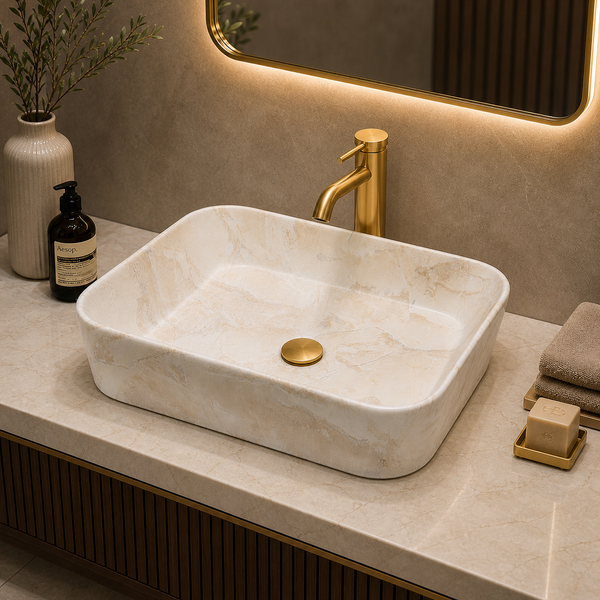 Bassino Marble Finish Rectangular Countertop Wash Basin – Premium Designer Vessel Sink (500 x 340 x 120 mm)