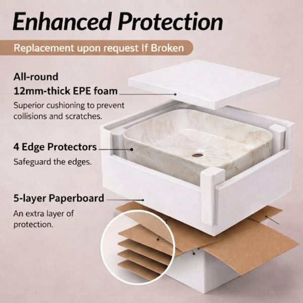 Bassino Marble Finish Rectangular Countertop Wash Basin – Premium Designer Vessel Sink (500 x 340 x 120 mm)