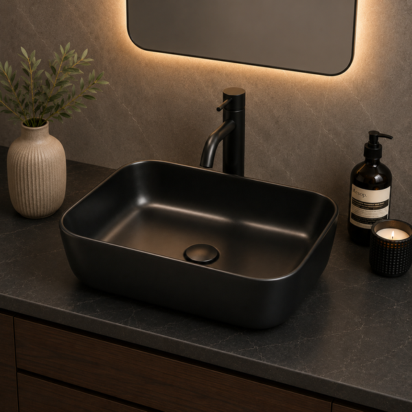 Bassino Matte Black Countertop Wash Basin – Modern Rectangular Ceramic Vessel Sink (16.5" x 12.6" x 5.5")
