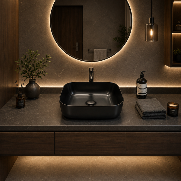 Bassino Matte Black Countertop Wash Basin – Modern Rectangular Ceramic Vessel Sink (16.5" x 12.6" x 5.5")