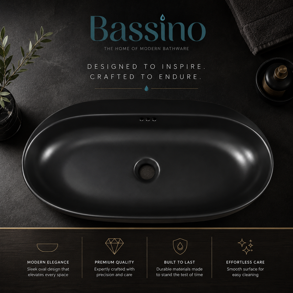 Bassino Matte Black Oval Countertop Wash Basin – Premium Ceramic Vessel Sink (27.6" x 14.2" x 5.1")