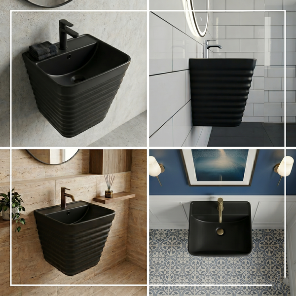 Bassino Matte Black Wall-Hung Wash Basin – Modern Ribbed Bathroom Sink (20.1"x 15.0" x 20.1")