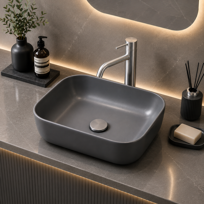Bassino Matte Grey Rectangular Countertop Wash Basin