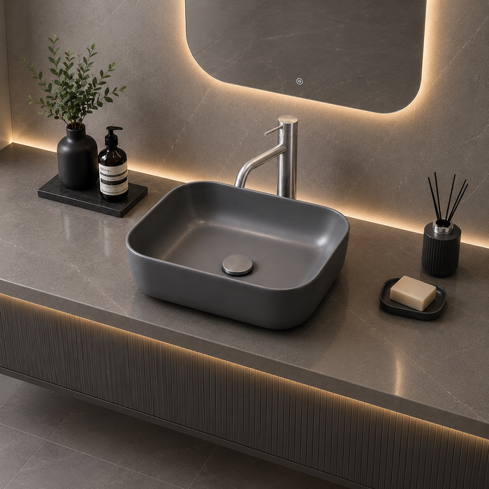 Bassino Matte Grey Rectangular Countertop Wash Basin