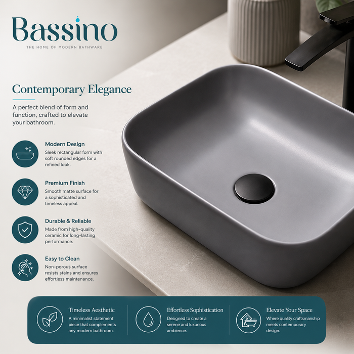 Bassino Matte Grey Rectangular Countertop Wash Basin