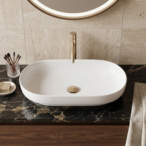 Bassino Matte White Oval Countertop Wash Basin – Modern Ceramic Vessel Sink (28" x 14" x 5")