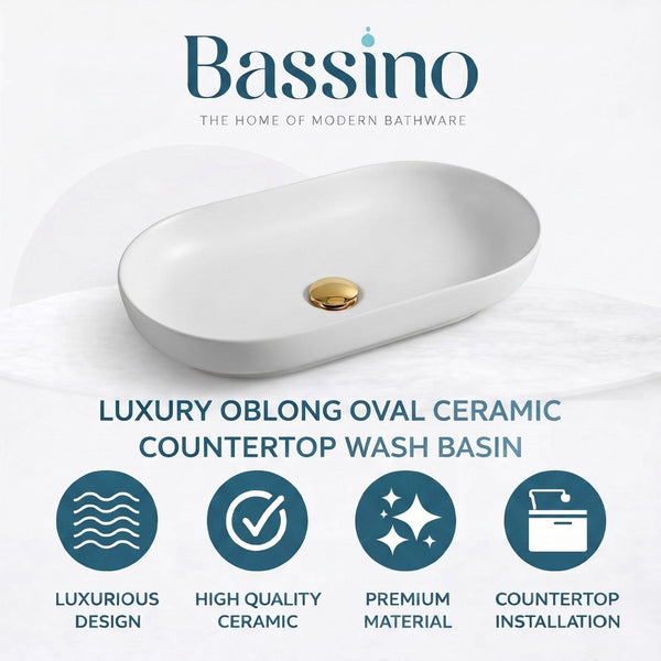 Bassino Matte White Oval Countertop Wash Basin – Modern Ceramic Vessel Sink (28" x 14" x 5")