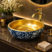 Bassino Round Blue Floral & Gold Ceramic Countertop Wash Basin