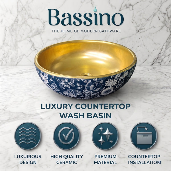 Bassino Round Blue Floral & Gold Ceramic Countertop Wash Basin – Luxury Vessel Sink (16" x 16" x 6")