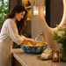 Bassino Round Blue Floral & Gold Ceramic Countertop Wash Basin