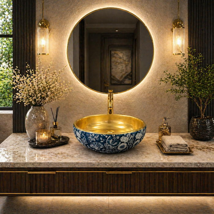 Bassino Round Blue Floral & Gold Ceramic Countertop Wash Basin