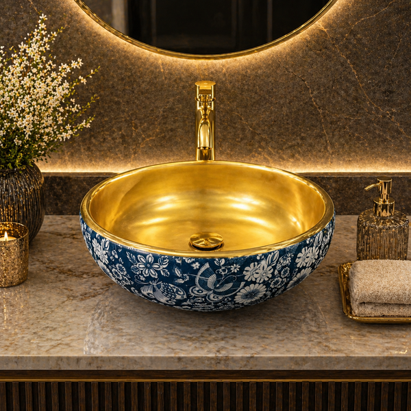 Bassino Round Blue Floral & Gold Ceramic Countertop Wash Basin – Luxury Vessel Sink (16" x 16" x 6")