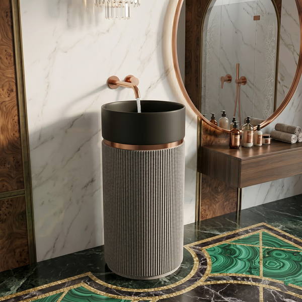 Bassino Round Freestanding Pedestal Wash Basin – Luxury Floor Standing Sink (16" x 16" x 34")