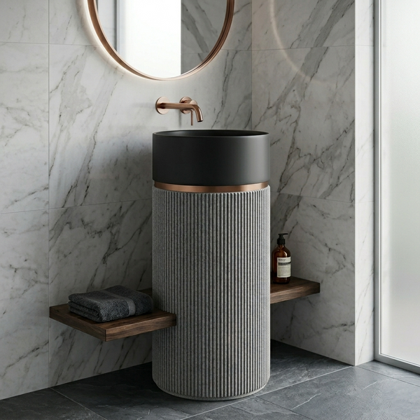 Bassino Round Freestanding Pedestal Wash Basin – Luxury Floor Standing Sink (16" x 16" x 34")