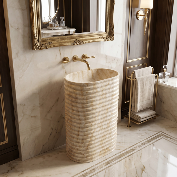 Bassino Textured Marble Pedestal Basin – Luxury Freestanding Wash Basin (22.4" x 14.6" x 34.3")