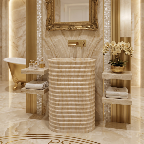 Bassino Textured Marble Pedestal Basin – Luxury Freestanding Wash Basin (22.4" x 14.6" x 34.3")