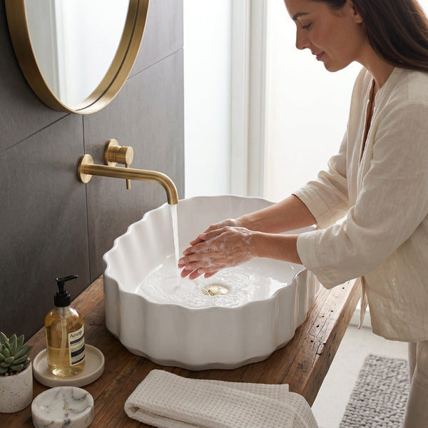 Bassino White Fluted Oval Countertop Wash Basin – Modern Ceramic Vessel Sink (19" x 13" x 6")