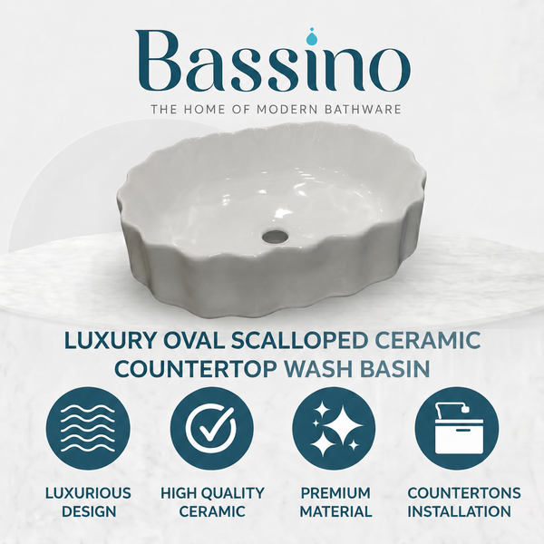 Bassino White Fluted Oval Countertop Wash Basin – Modern Ceramic Vessel Sink (19" x 13" x 6")