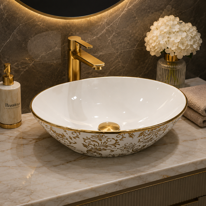 Bassino White & Gold Decorative Round Countertop Wash Basin