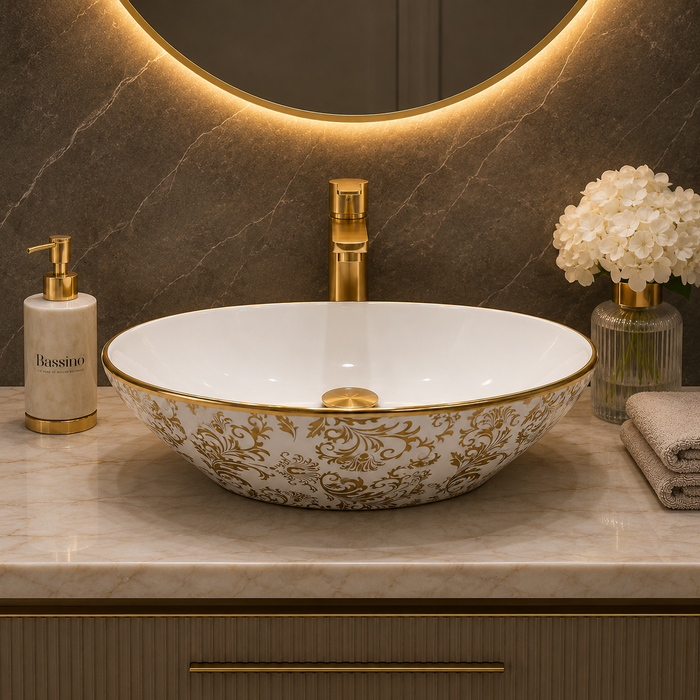 Bassino White & Gold Decorative Round Countertop Wash Basin