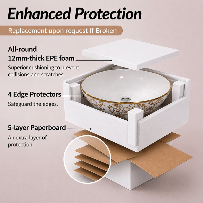 Bassino White & Gold Decorative Round Countertop Wash Basin