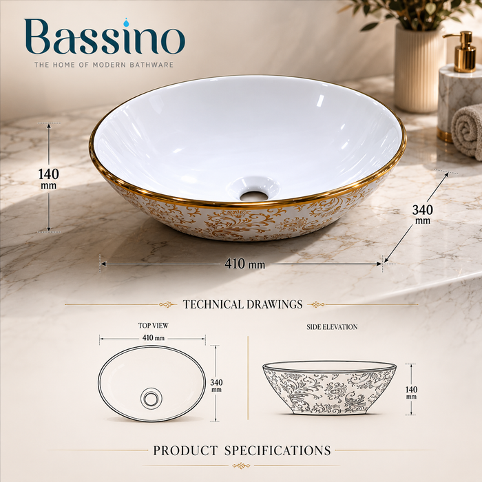 Bassino White & Gold Decorative Round Countertop Wash Basin