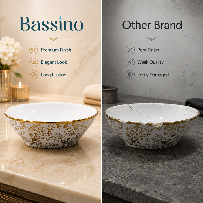 Bassino White & Gold Decorative Round Countertop Wash Basin